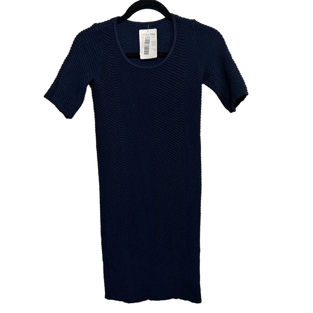 Tees By Tina NWT Seamless Bodycon Dress OSFM Navy Chevron Texture Stretch Knit